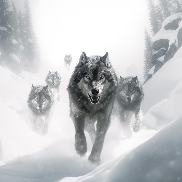 Een roedel wolven die in de sneeuw rennen met het woord wolf erop.