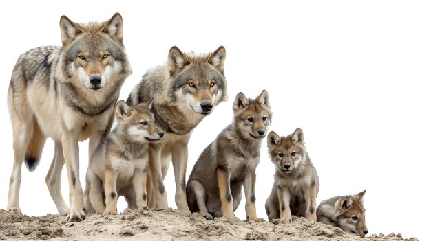 Een roedel wolven, waaronder volwassenen en pups, staat op het zand tegen een witte achtergrond