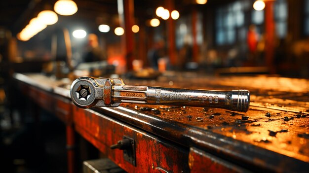 Een roestige moersleutel op een metalen werkplaats die machines repareert