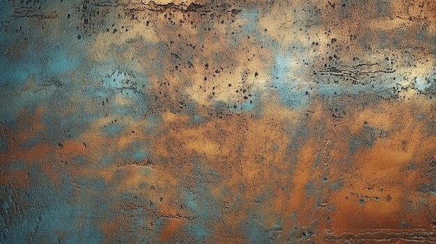 Een roestige muur met blauwe en oranje verf.