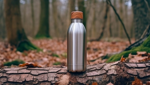 Een roestvrijstalen waterfles staat op een boomstam in een bos