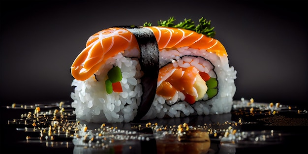 Een rolletjes met zalm, avocado, tonijn en komkommer geïsoleerd op witte achtergrond Verse hosomaki stukjes met rijst en nori Close-up van heerlijk Japans eten met sushi roll generatieve ai