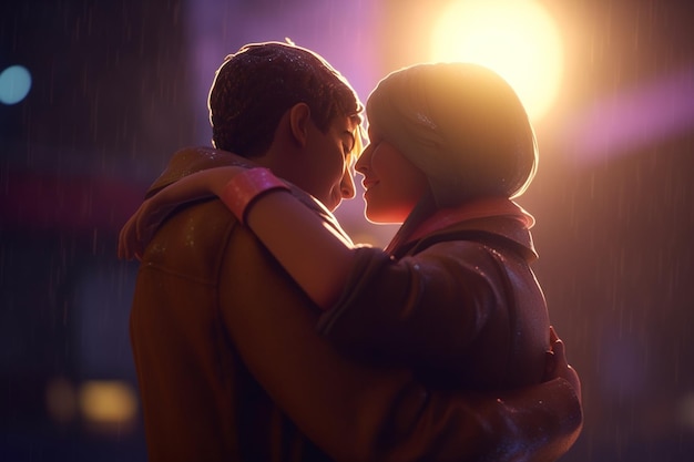 Een romantisch avondje uit Fotorealistische tekenfilmpaar omarmen en kussen onder feestelijke lichten
