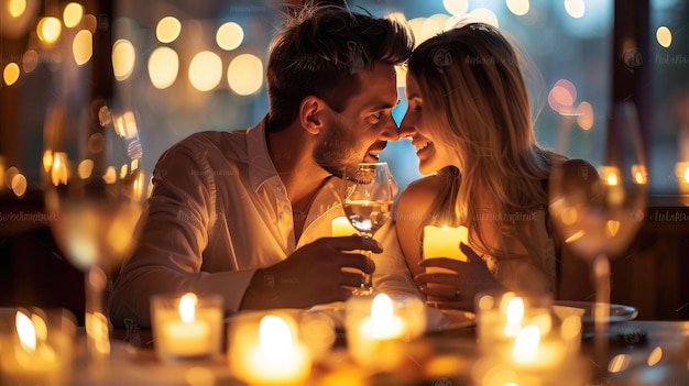 Een romantisch avondpaar in een restaurant met kaarsen en wijnglazen