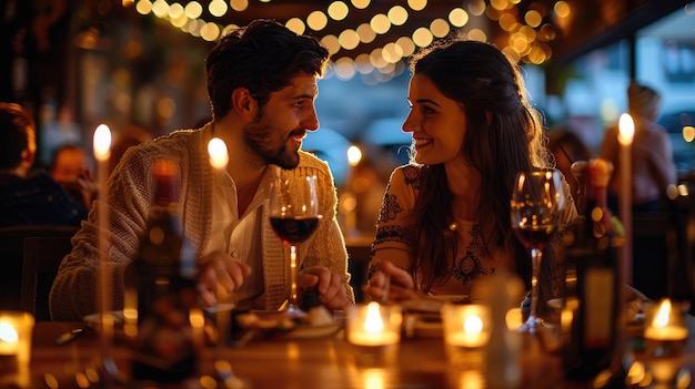 Een romantisch avondpaar in een restaurant met kaarsen en wijnglazen