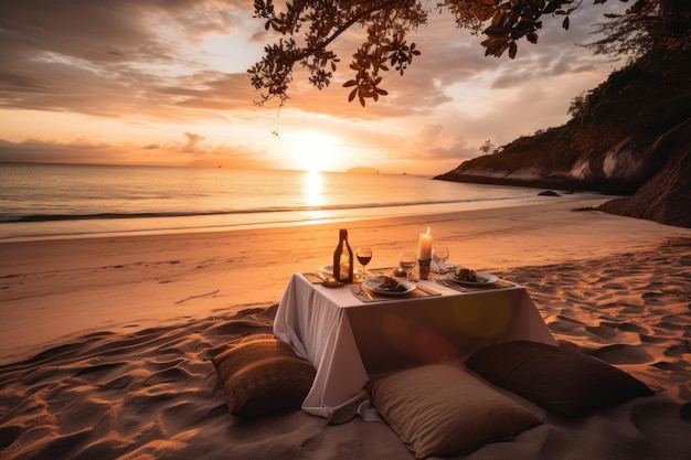 Een romantisch diner op het strand bij zonsondergang