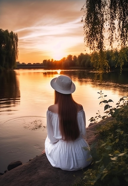 Een romantisch meisje zit aan de oever van de rivier.