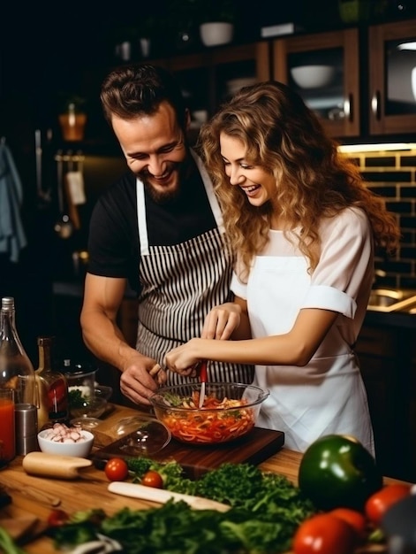 Een romantisch paar kookt in de keuken. Een knappe man en een aantrekkelijke jonge vrouw hebben plezier.