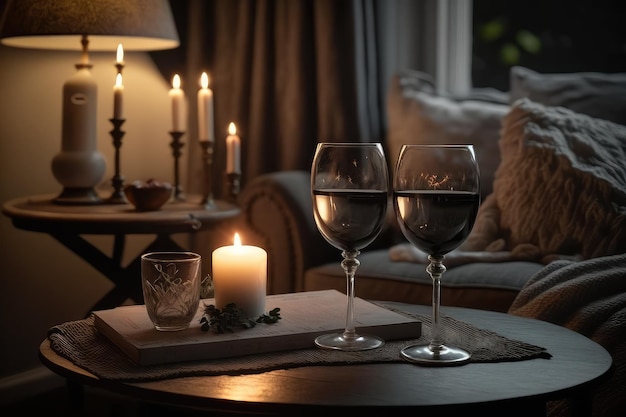 Een romantisch tafereel met een flikkerende kaars en twee glazen wijn op de salontafel