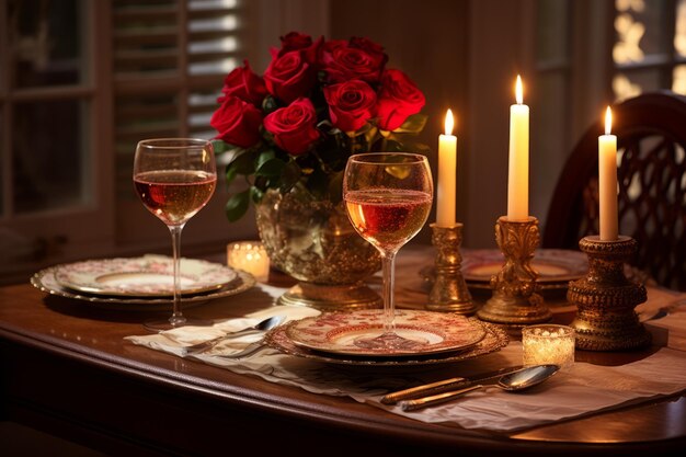 Foto een romantische eettafel met rode rozen en kaarsen.