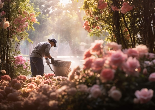 Een romantische foto van een tuinarchitect die bloemen arrangeert in een romantische tuin, waarbij de zachtheid wordt vastgelegd