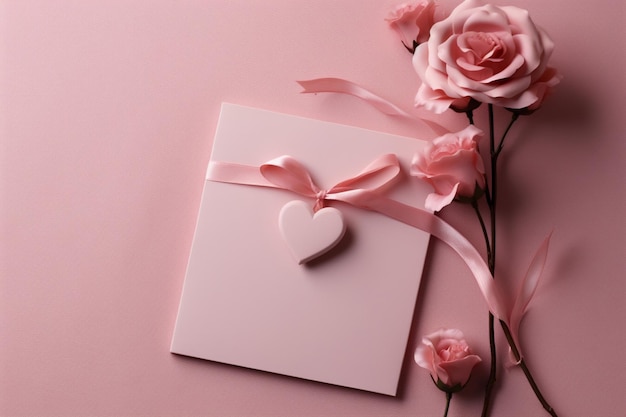 Een romantische papieren wenskaart versierd met een hartornament en roze bloem