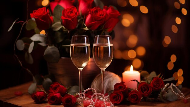 Een romantische scène met twee champagne glazen op een houten tafel omringd door weelderige rode rozen