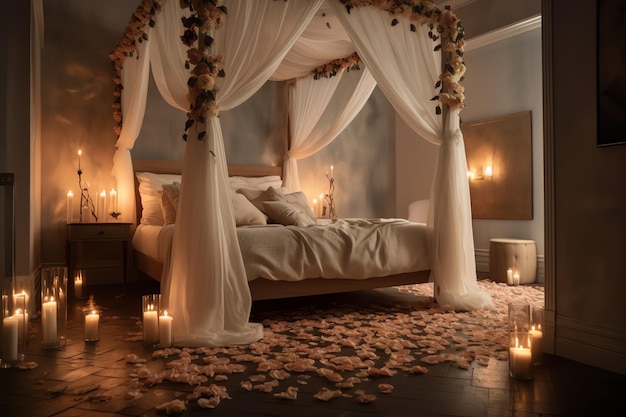 Een romantische slaapkamer met bed gedrapeerd in pure witte gordijnen