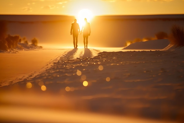 Foto een romantische zonsondergangwandeling op een prachtig wit zandstrand, generatieve ai