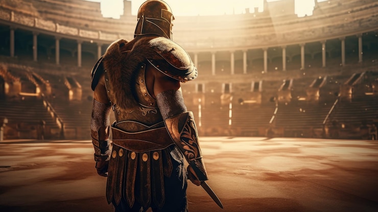 Foto een romeinse gladiator staat voor een grote arena met de woorden "gladiator" op de omslag.