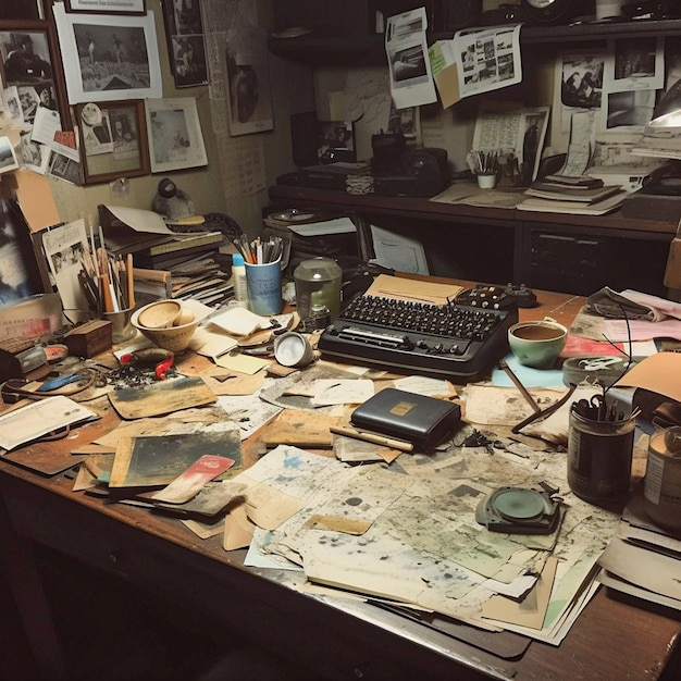 Een rommelig bureau met een toetsenbord, verschillende voorwerpen en boeken erop