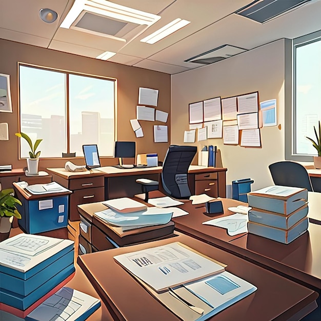 Foto een rommelig, ongeorganiseerd kantoor, schattig, eenvoudig, in anime-stijl.
