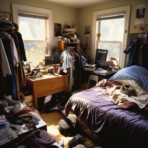 Een rommelige slaapkamer met een bed, een bureau en een bureau met een tv erop.