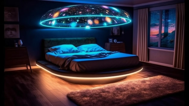 Een rond bed met een rond licht erboven.