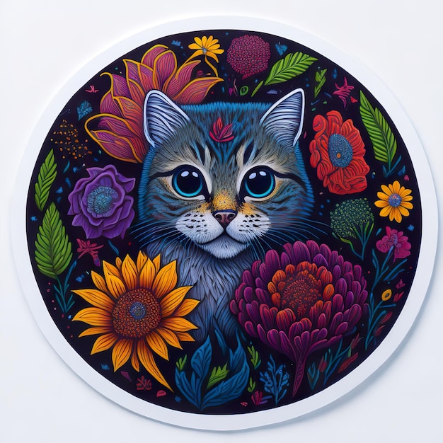 Een rond bord met een kat en bloemen erop