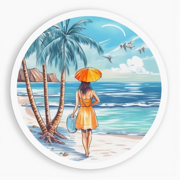 Een rond bord met een vrouw die op het strand loopt met op de achtergrond een palmboom.