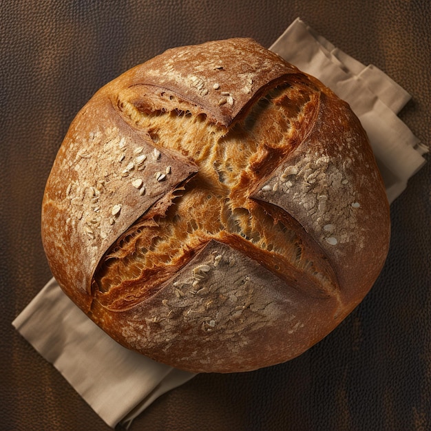 Een rond brood volkoren brood geïsoleerd op een bruine achtergrond