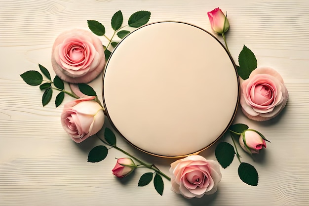 Een rond frame met roze rozen op een houten tafel