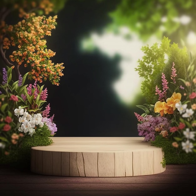 Een rond houten podium met een bloemrijke achtergrond en een boomstronk op de achtergrond.