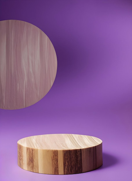 Een rond houten Podium met een paarse verticale oriëntatie als achtergrond