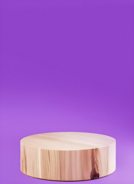 Een rond houten Podium met een paarse verticale oriëntatie als achtergrond
