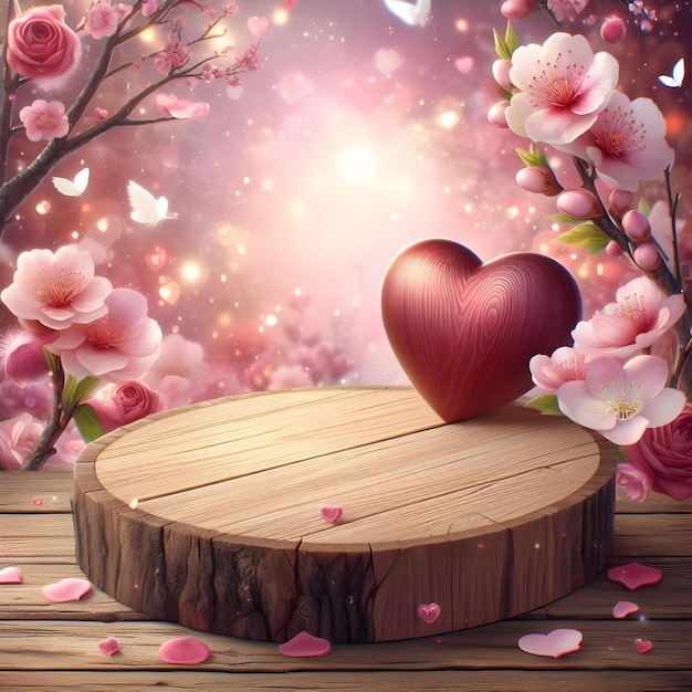 Foto een rond houten podium met valentines bloemige lente achtergrond