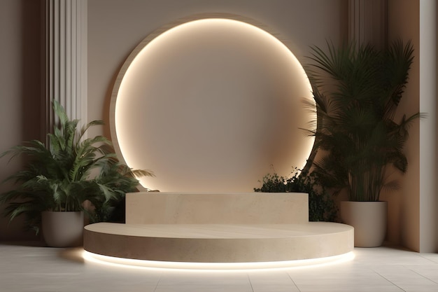 Een rond podium met een rond licht op de groene muur