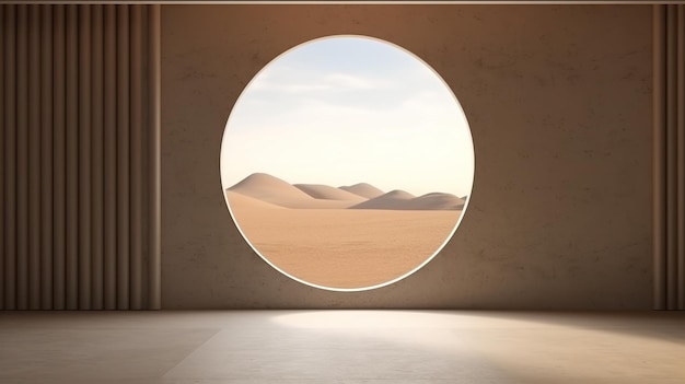 Een rond raam in een kamer met woestijnlandschap op de achtergrond.