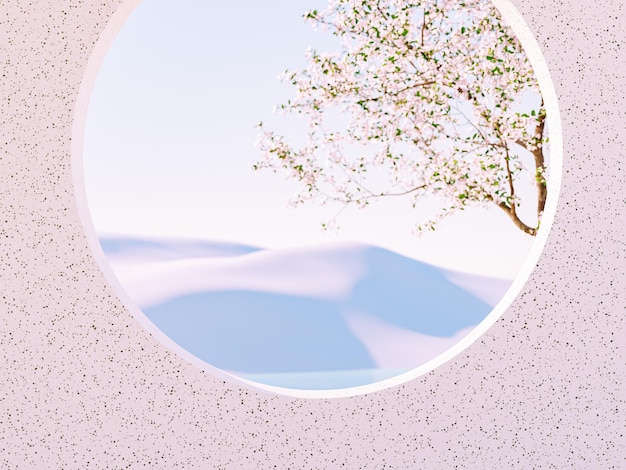 Een rond raam met in het midden een kersenbloesemboom