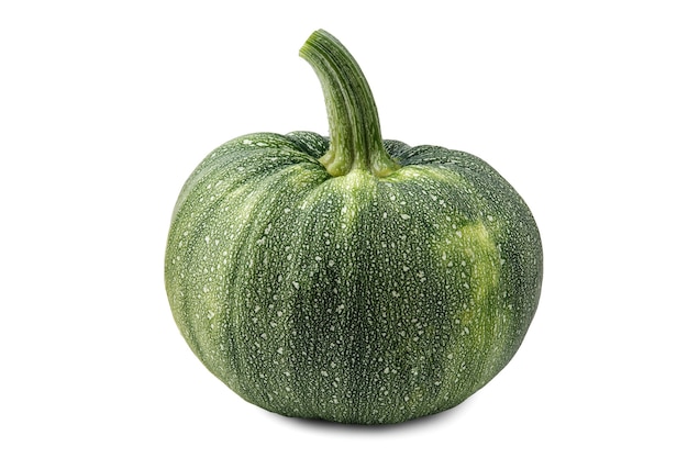 Een ronde groene courgette, bedekt met gele vlekken, met een lange staart, geïsoleerd op wit met een lichte schaduw.