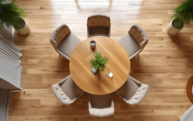 Een ronde houten tafel met vier stoelen erop en een plant op het blad.