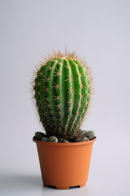 Een ronde kamerplant cactus in pot op witte achtergrond neuraal netwerk gegenereerd beeld