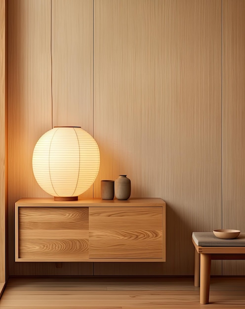 een ronde lamp op een dressoir