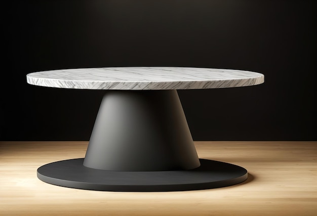 Een ronde marmeren tafel met een zwart onderstel en een grijs onderstel.
