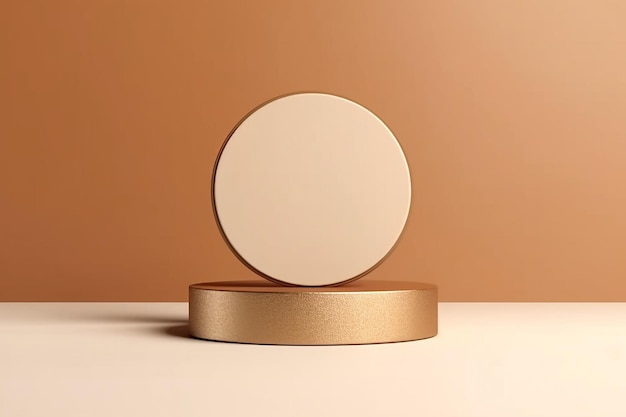 Een ronde spiegel op een gouden voet met een bruine achtergrond.