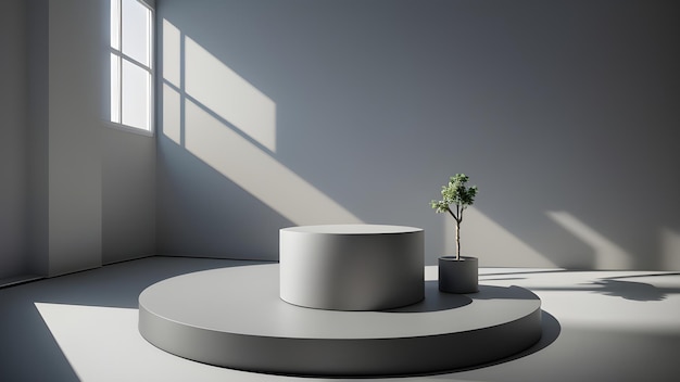 Een ronde witte tafel in een lege ruimte met een plant in het midden.