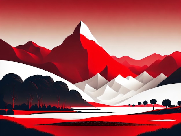 Een rood berglandschap met op de voorgrond een berg en een rivier.