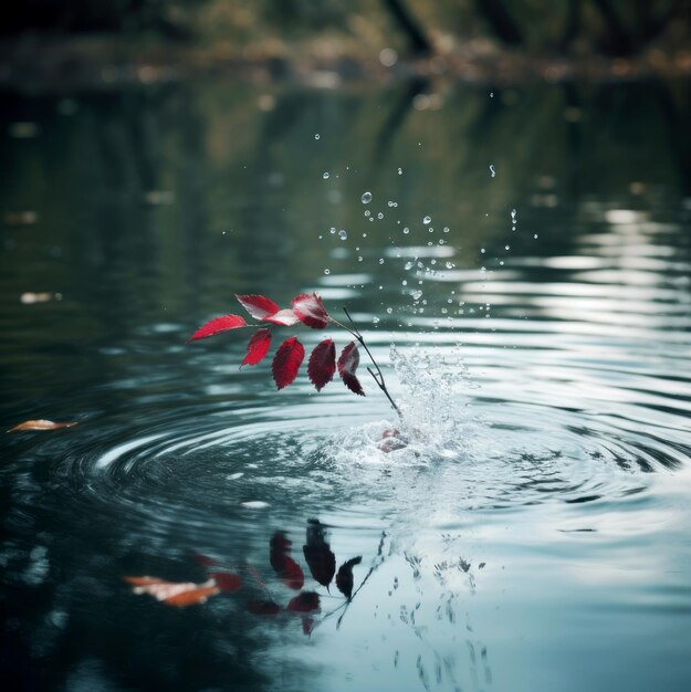 Een rood blad drijft in het water en het water valt.