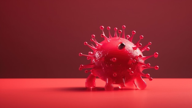 Een rood coronavirusspeeltje met een blauw oog en een zwarte neus zit op een rood oppervlak.