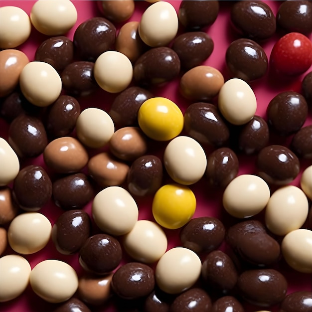 Een rood en geel chocoladesuikergoed wordt omringd door andere chocolade.