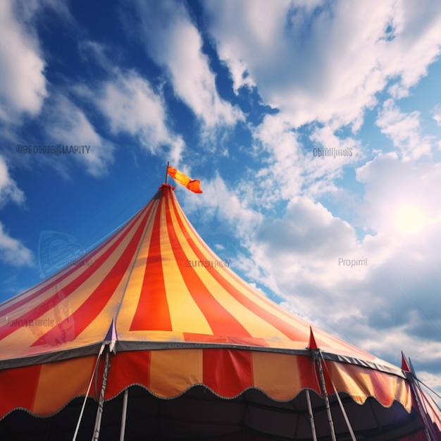 Een rood en geel gestreepte tent met de lucht op de achtergrond