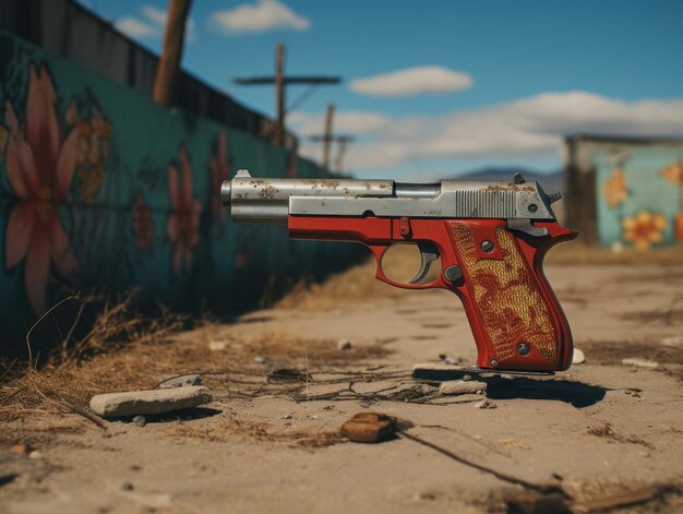 Foto een rood en wit geweer bovenop een muur
