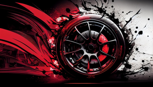 Een rood en zwart autowiel met een zwarte achtergrond en een rode en zwarte verfspat.
