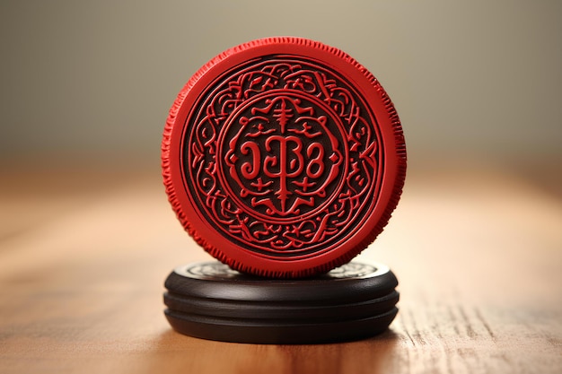 Een rood en zwart ornament op een houten voet